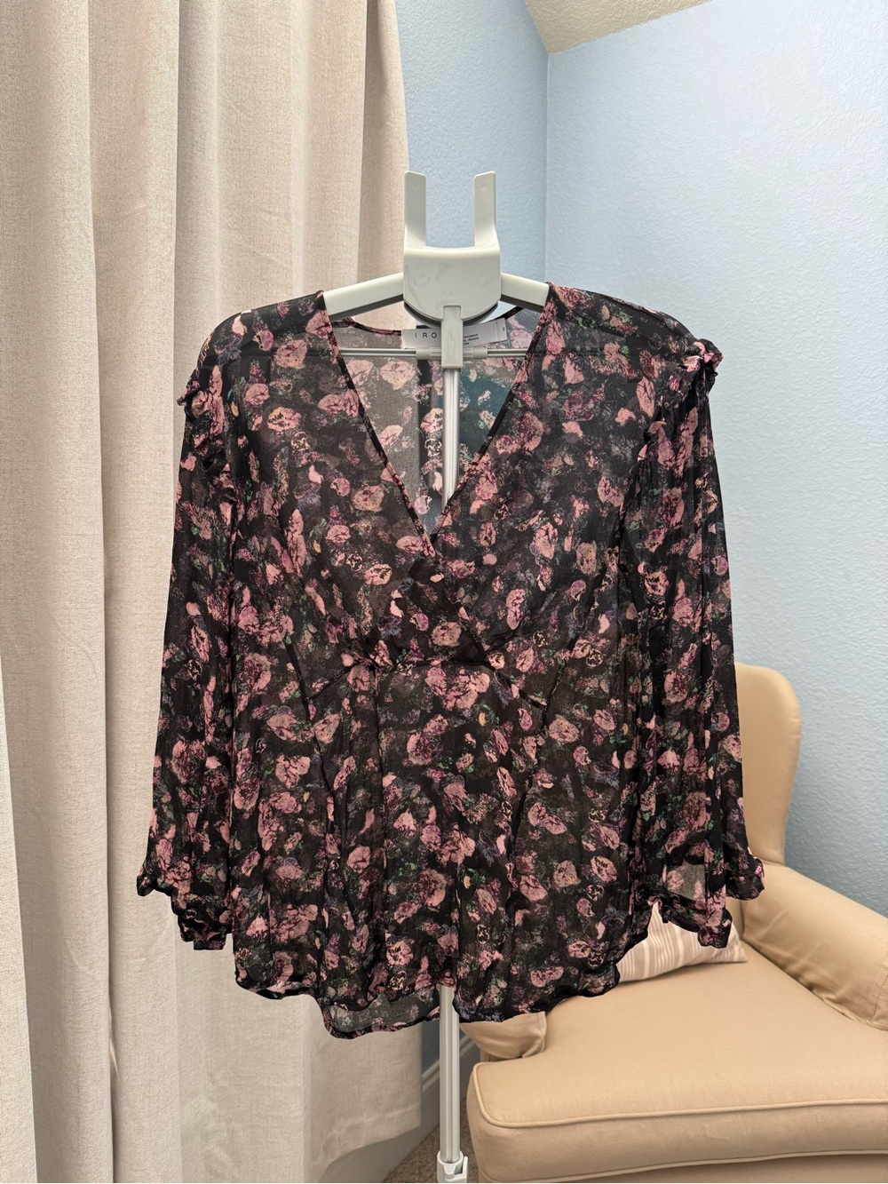 IRO Dolla Black Sheer Blouse with Pink Floral Print French Girl Luxury Sz 40 L